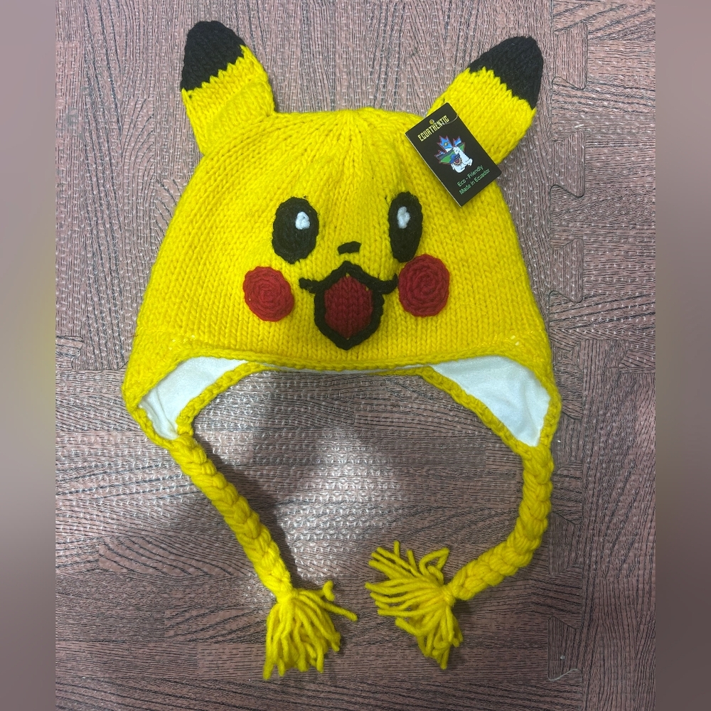 Yellow Pikachu Knit Hat with Ear Flaps Handmade Natural Fiber Hat